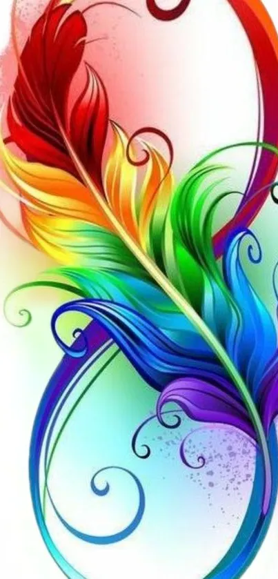 Vibrant feather with rainbow colors and artistic swirls.