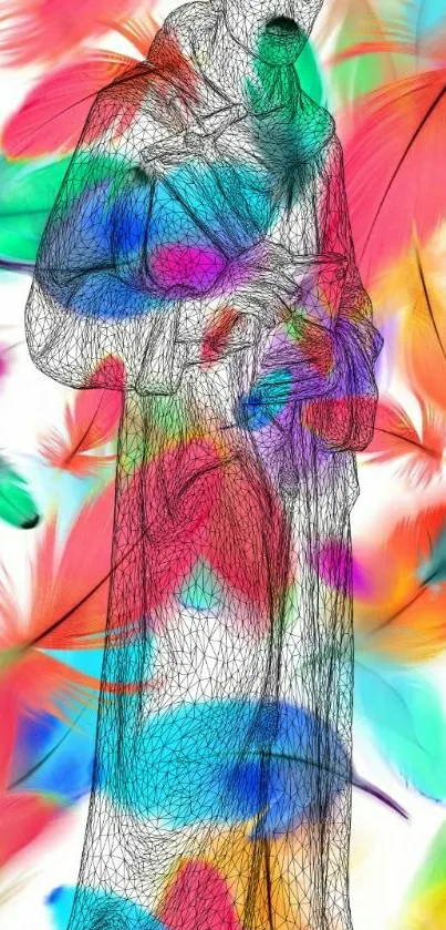 Colorful feather and wireframe statue art wallpaper.