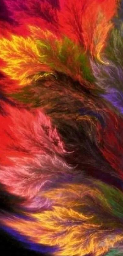 Colorful abstract feather art wallpaper with vibrant shades of red, orange, and purple.