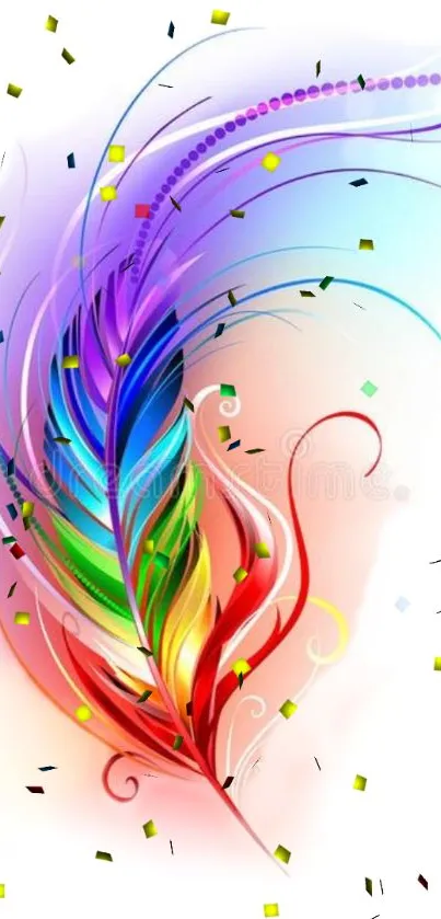 Vibrant feather art mobile wallpaper with rainbow colors and confetti accents.