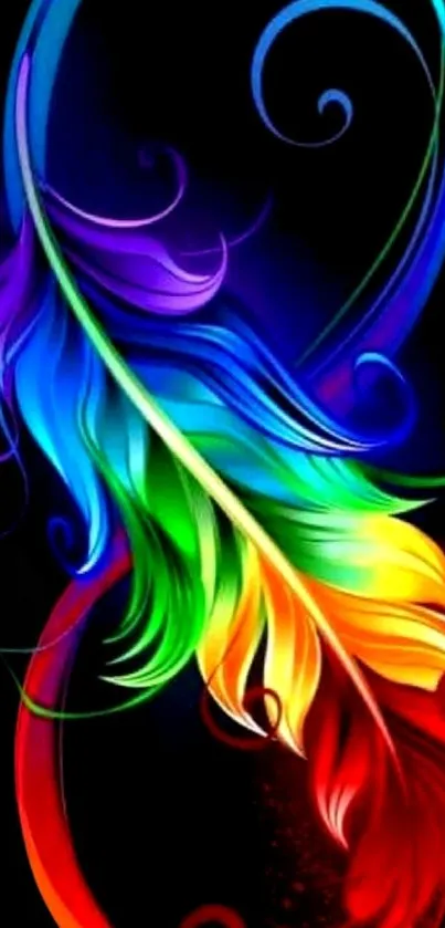 Vibrant rainbow feather on dark background.