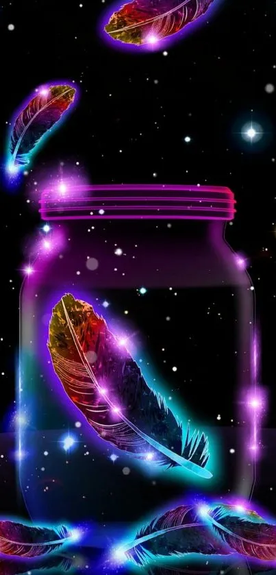 Vibrant glowing feathers in a jar against starry night.