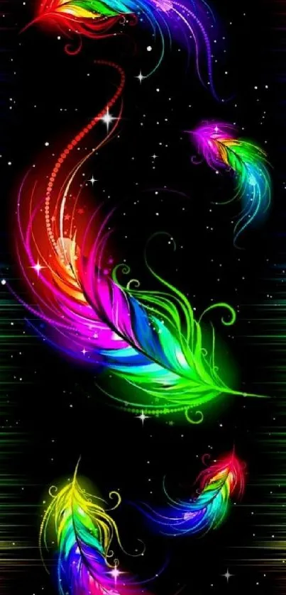 Vibrant feather design on a black background with rainbow colors.