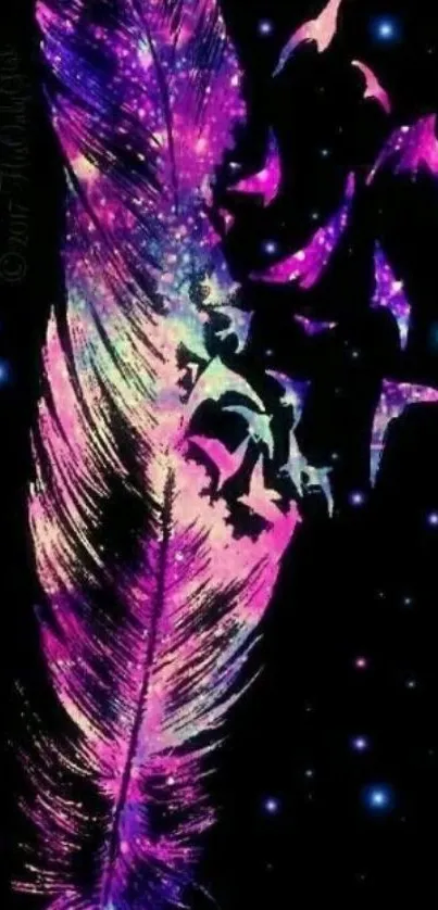 Vibrant feather and galaxy blending art wallpaper.