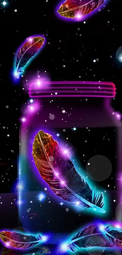 Neon feathers glowing in a jar against a starry background.