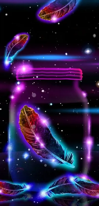 Vibrant feathers glowing in jar against cosmic background.