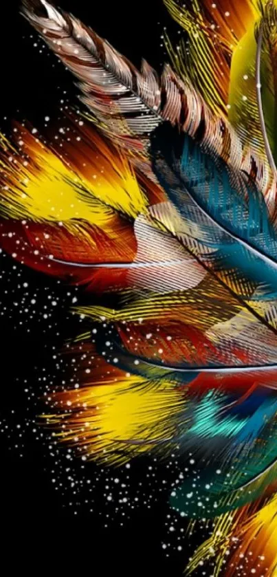 Vibrant wallpaper with colorful feathers.