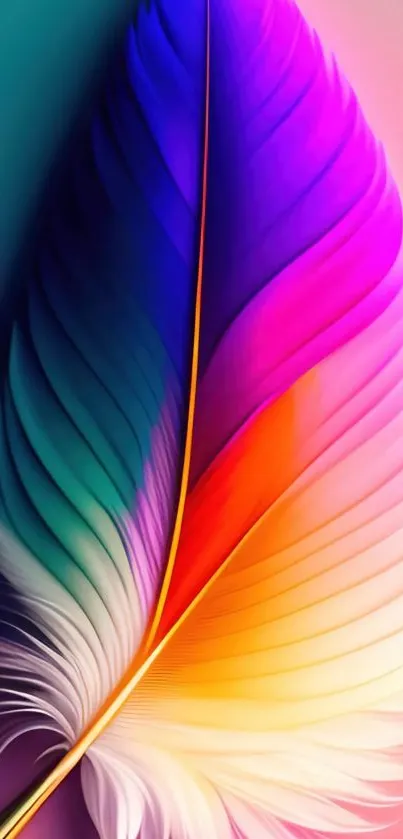 Vibrant feather with purple and pink gradient on wallpaper.