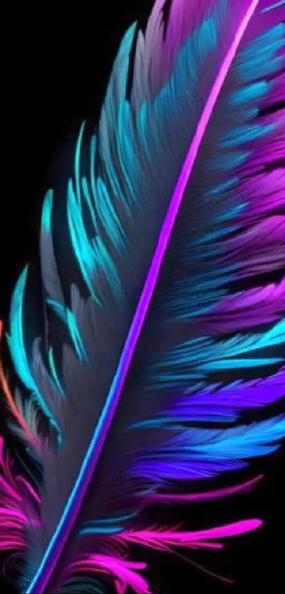 Colorful neon feather on black background.