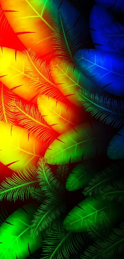 Vibrant feather pattern in red, yellow, green, and blue on a mobile wallpaper.