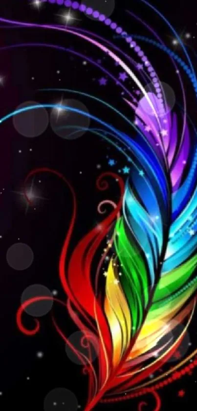 Vibrant feather wallpaper with rainbow colors on a dark background.