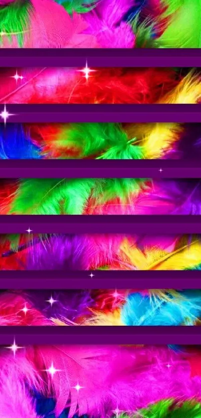 Colorful feather wallpaper with bold shelves.