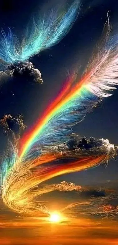 Vibrant feather-shaped rainbow in the sunset sky mobile wallpaper.