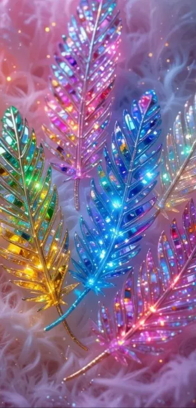 Colorful sparkling feathers on a fluffy background.