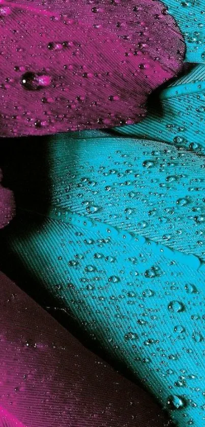 Vibrant plumage with raindrops in teal and magenta hues.