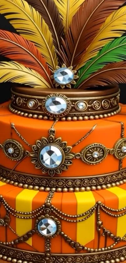 Colorful cake with feathers and jewels on top, vibrant and decorative.
