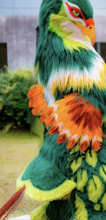 A vibrant creature with colorful feathers in a garden setting.