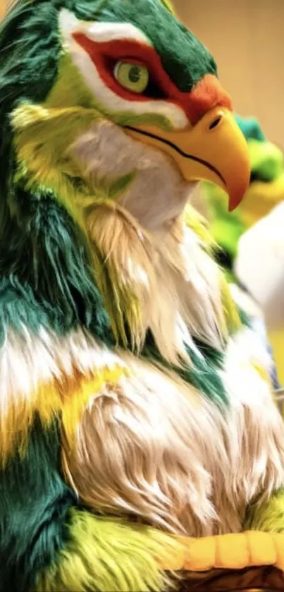 A colorful furry character with vibrant green feathers and red accents.