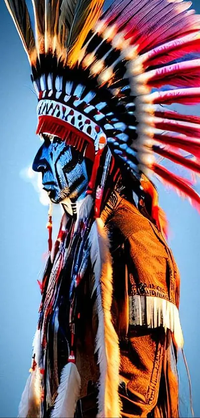 Vibrant feathered headdress against blue background