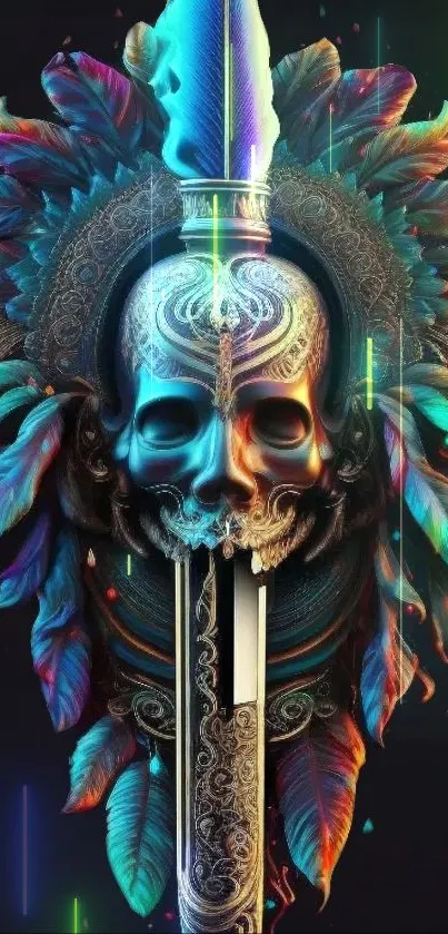 Vibrant feathered skull with sword art.