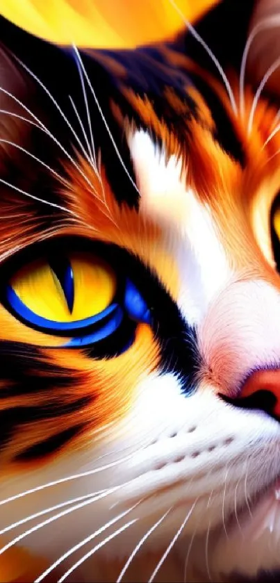 Vibrant digital cat wallpaper with orange hues and striking yellow eyes.