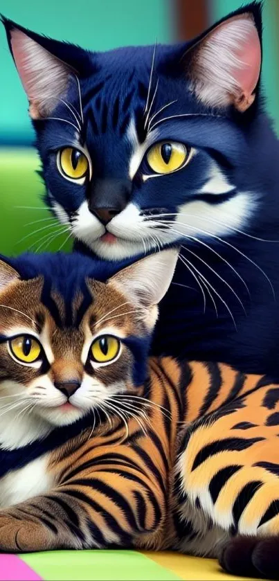 Two vibrant cats with unique patterns on a colorful sofa.