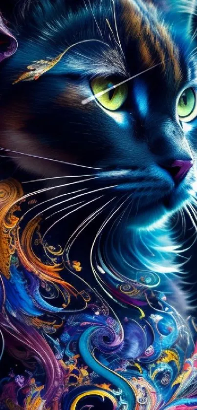 Vibrant fantasy cat with colorful abstract accents.