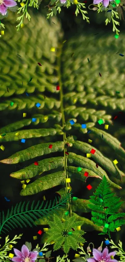 Vibrant fern leaf with confetti and flowers on a phone wallpaper.