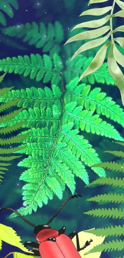 A vibrant forest wallpaper featuring ferns and a red insect against a blue background.