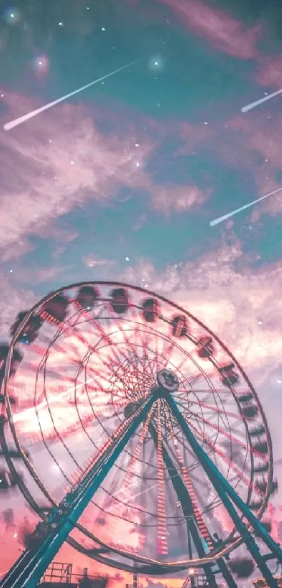 Ferris wheel with pink and blue sunset sky.