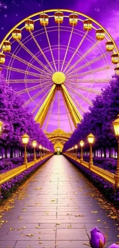 Vibrant Ferris wheel at night with purple trees and golden lights