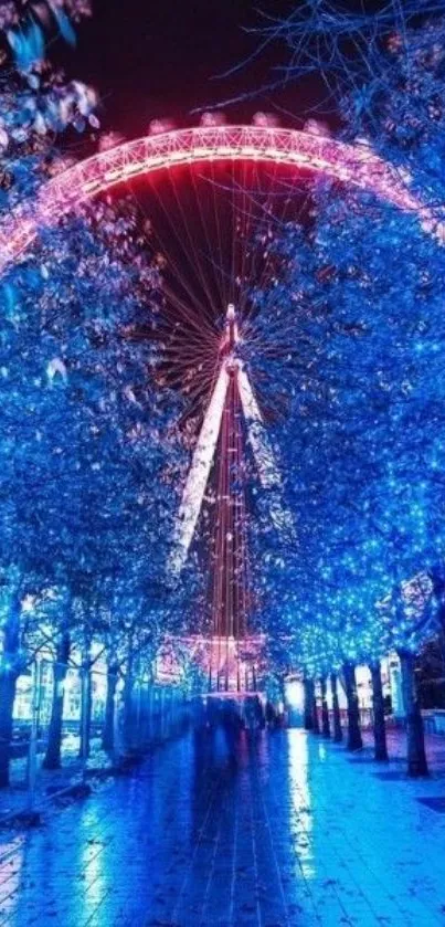 Stunning night view of a Ferris wheel illuminated in vibrant blue and pink lights.