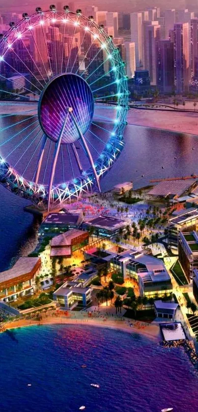 A vibrant ferris wheel illuminates the city skyline at night.