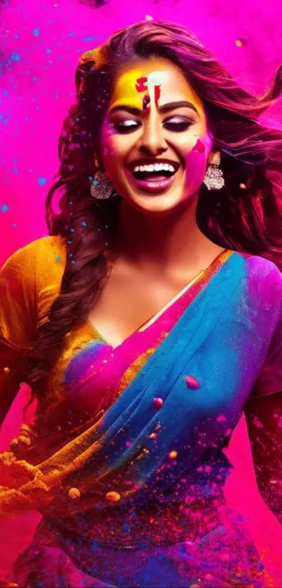 Joyful woman celebrating Holi with vibrant pink and orange colors.