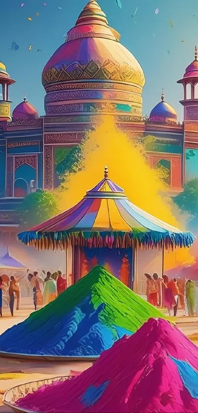 Vibrant festival scene with colorful powders and intricate architecture.