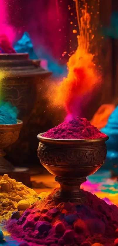 Vibrant festival colors with bursting pigments in ornate bowls.