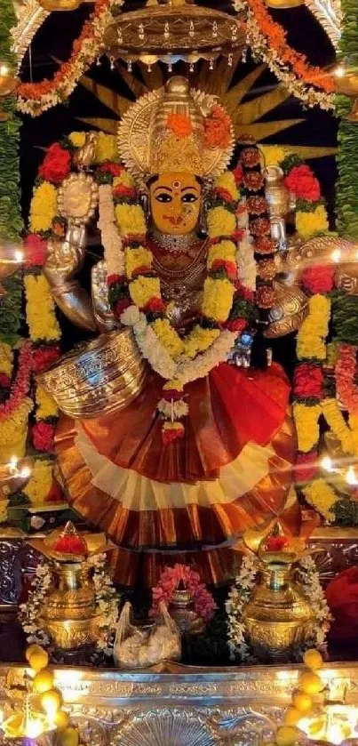 Colorful and ornate deity with flowers and decorations.