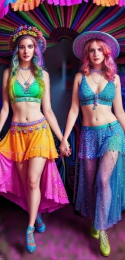 Festival-inspired art of two women in vibrant outfits.