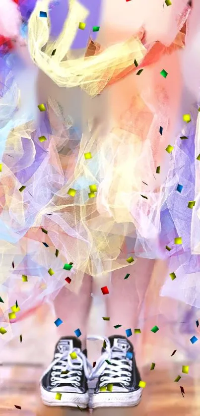 Vibrant pastel phone wallpaper with colorful confetti and whimsical outfits.
