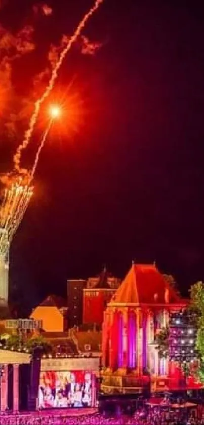 Vibrant nighttime festival with fireworks and church backdrop.