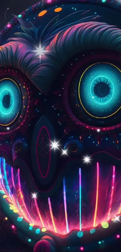 Vibrant festival mask illuminated by neon lights.