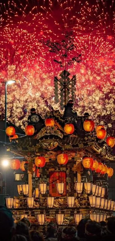 Fireworks over a traditional festival float during night celebration.