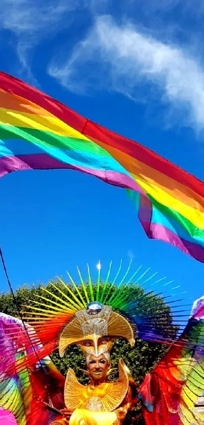 Vibrant festival scene with rainbow flag.