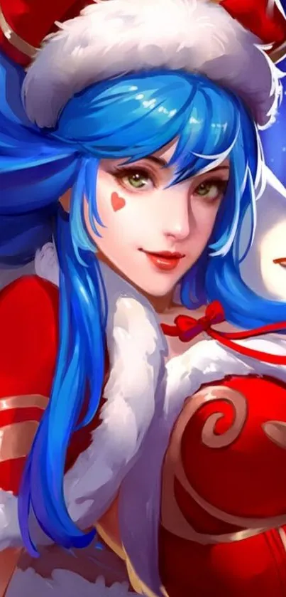 Festive anime girl with red outfit and blue hair.