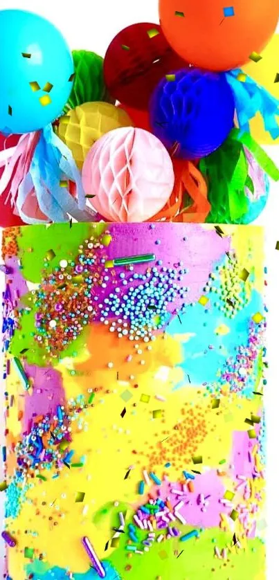 Vibrant cake with colorful decorations, featuring balloons and sprinkles.