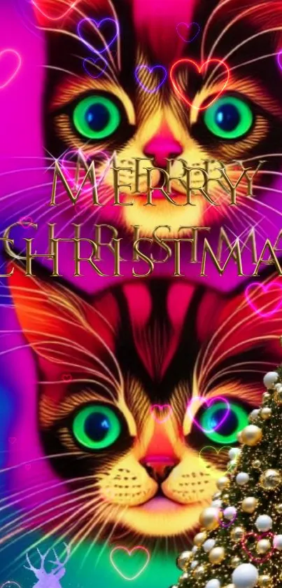 Vibrant neon Christmas cat wallpaper with festive tree.