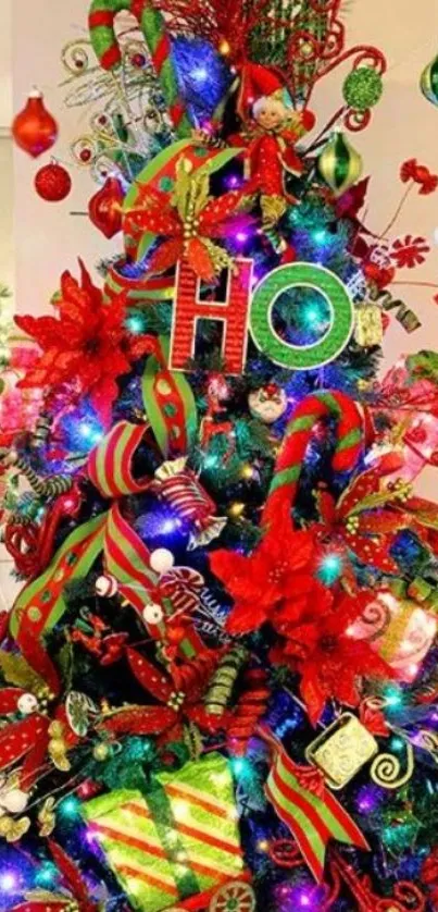 Vibrant Christmas tree with colorful ornaments.