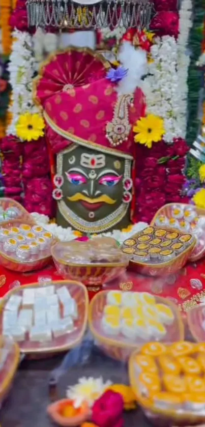 Festive Hindu deity surrounded by vibrant flowers and sweets.