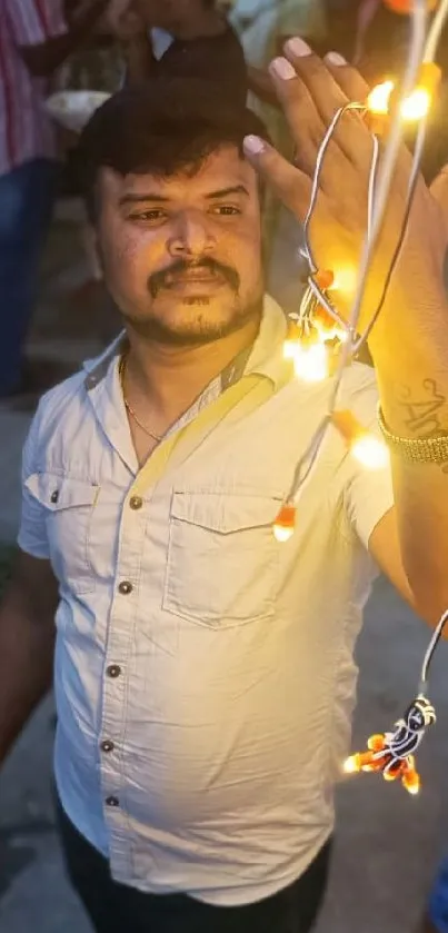 Person holding glowing festive lights in focus, creating a warm vibrant atmosphere.