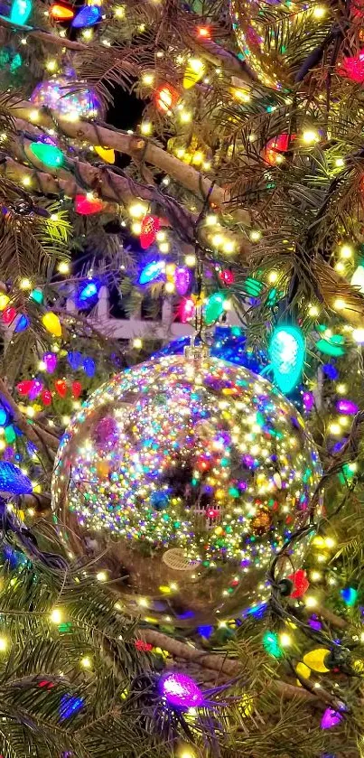 Festive Christmas tree with colorful lights and ornaments.